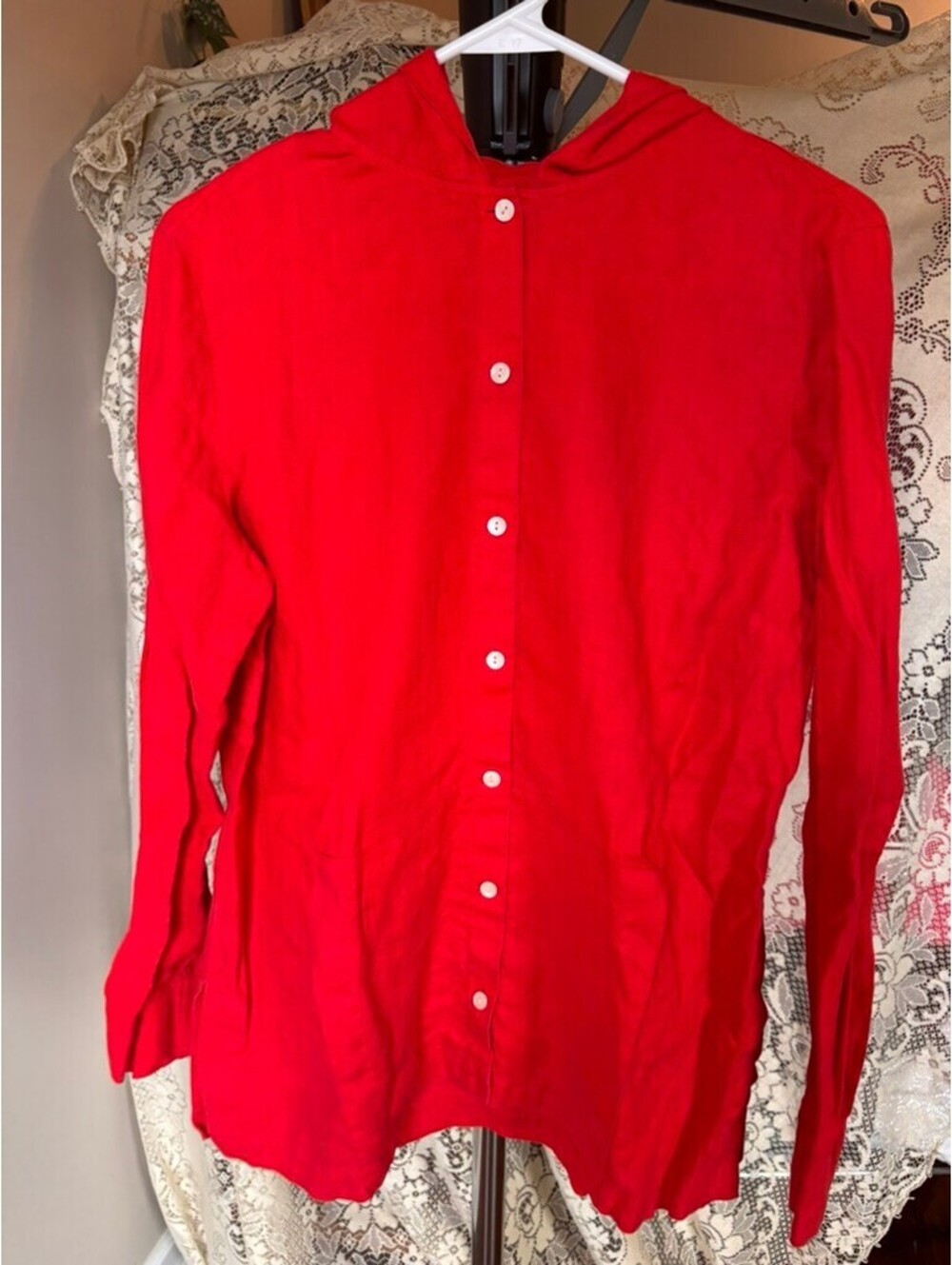 Vintage Red 100% Linen Hooded Button Front Shirt Jacket